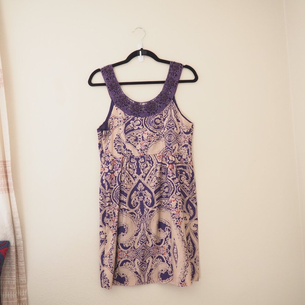 !! Free People Purple Folklore Paisley Sleeveless Dress w/ Jewel Trim sz 6 - Picture 8 of 9